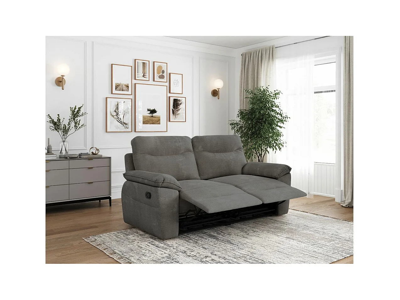 Canapé de relaxation manuel Ross 3 places en velours côtelé - Gris - L200 x P100 x H102cm - Loungitude