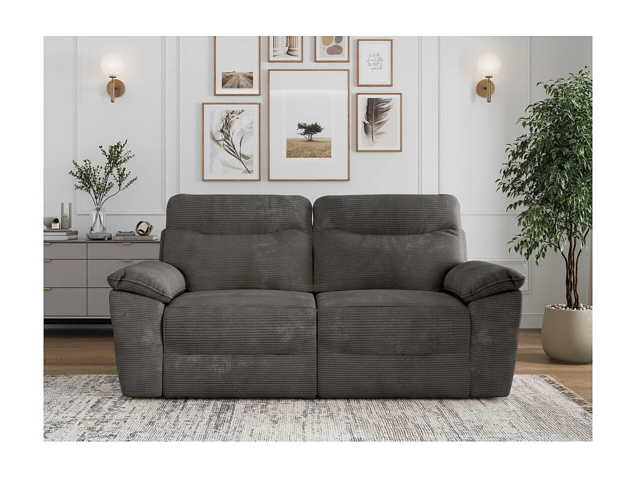 Canapé de relaxation manuel Ross 3 places en velours côtelé - Gris - L200 x P100 x H102cm - Loungitude