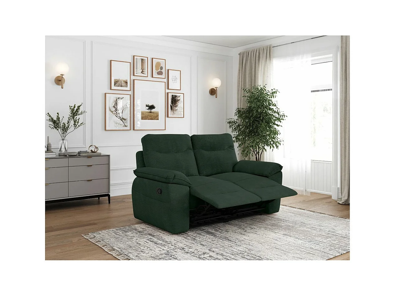 Canapé de relaxation manuel Ross 2 places en velours côtelé - Vert foncé - L160 x P100 x H102cm - Loungitude