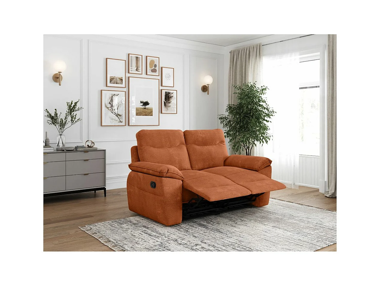 Canapé de relaxation manuel Ross 2 places en velours côtelé - Terracotta - L160 x P100 x H102cm - Loungitude