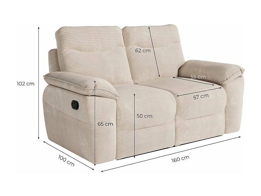 Canapé de relaxation manuel Ross 2 places en velours côtelé - Terracotta - L160 x P100 x H102cm - Loungitude