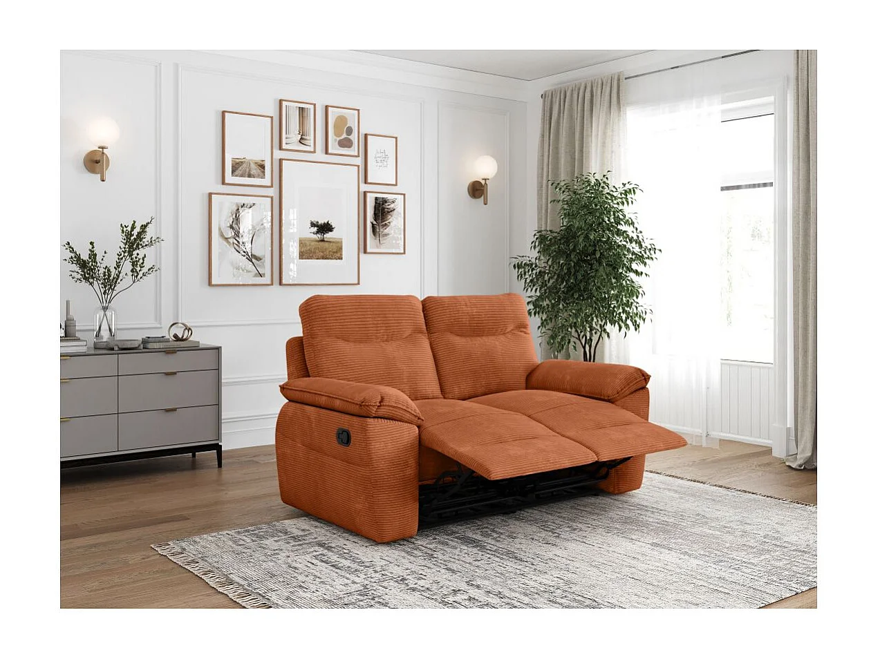 Canapé de relaxation manuel Ross 2 places en velours côtelé - Terracotta - L160 x P100 x H102cm - Loungitude