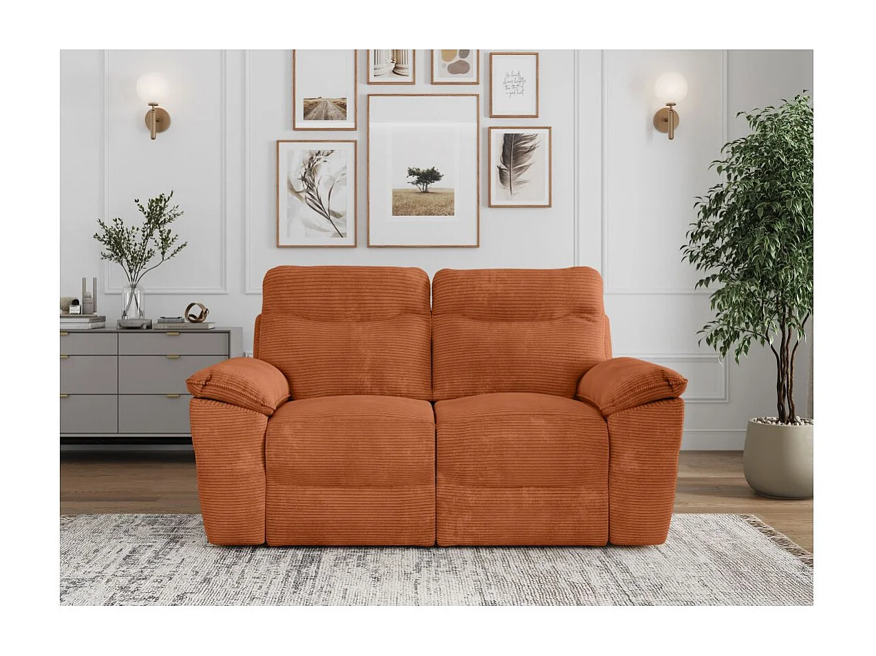 Canapé de relaxation manuel Ross 2 places en velours côtelé - Terracotta - L160 x P100 x H102cm - Loungitude