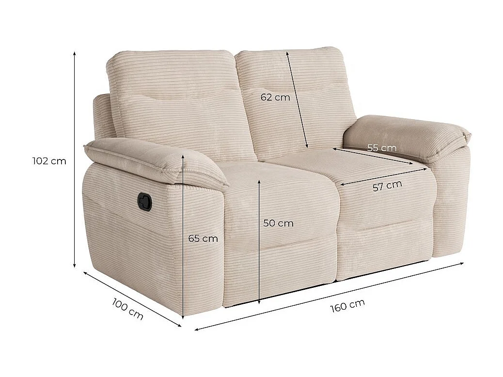 Canapé de relaxation manuel Ross 2 places en velours côtelé - Terracotta - L160 x P100 x H102cm - Loungitude