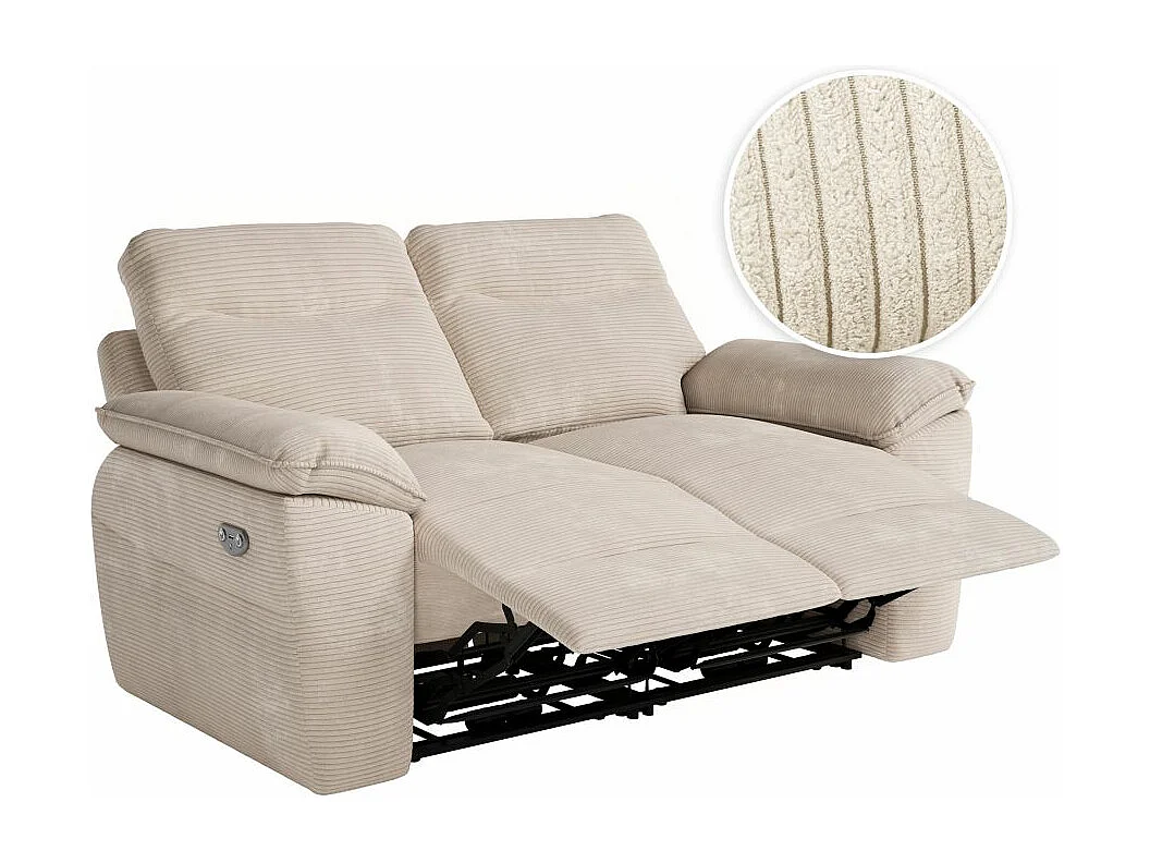 Canapé de relaxation électrique Ross 2 places en velours côtelé - Beige - L160 x P100 x H102cm - Loungitude
