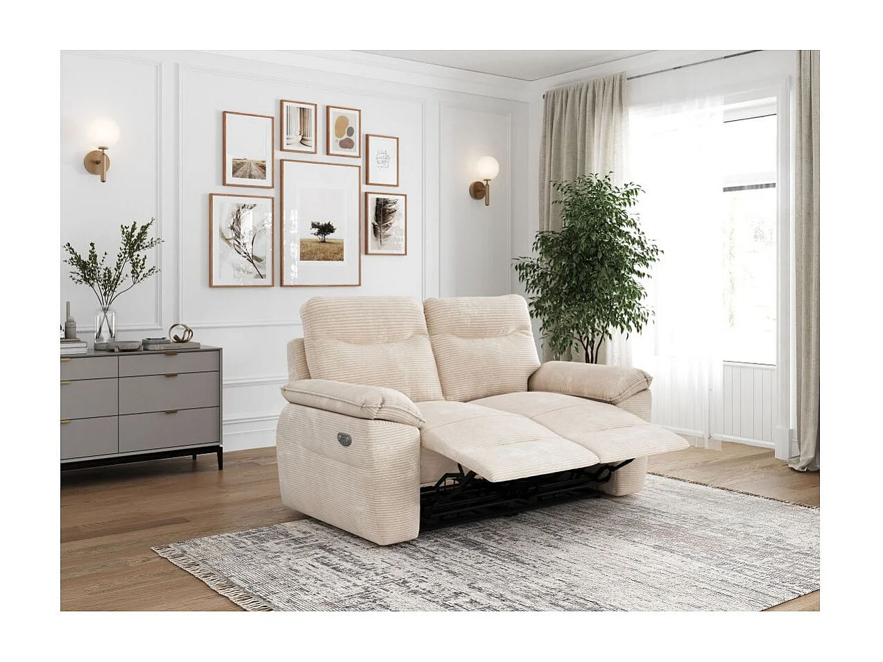 Canapé de relaxation électrique Ross 2 places en velours côtelé - Beige - L160 x P100 x H102cm - Loungitude