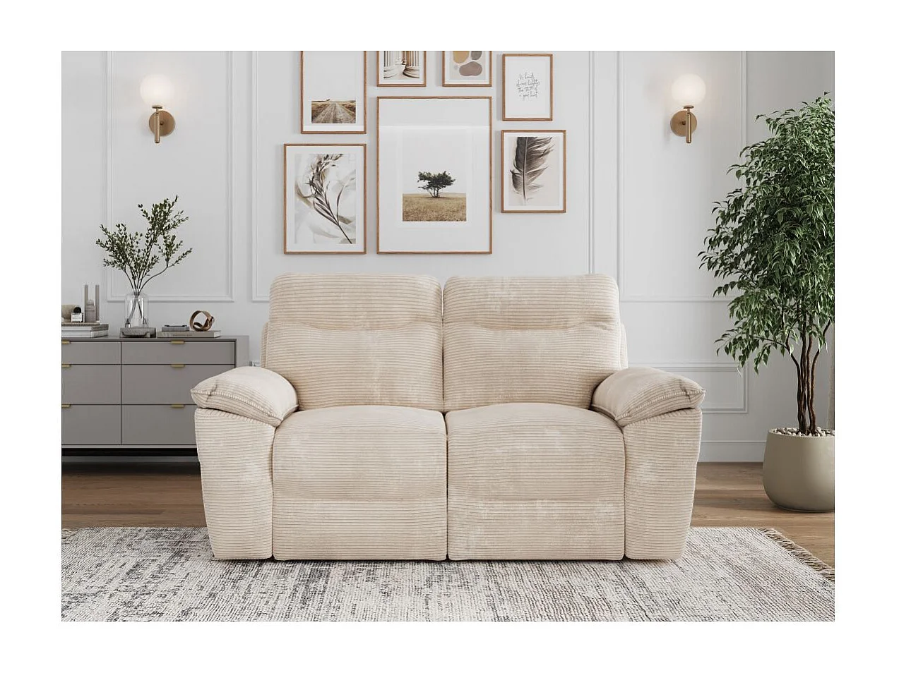 Canapé de relaxation électrique Ross 2 places en velours côtelé - Beige - L160 x P100 x H102cm - Loungitude