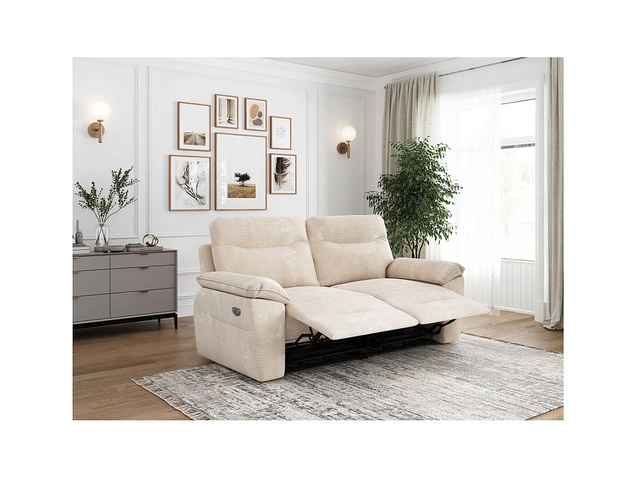 Canapé de relaxation électrique Ross 3 places en velours côtelé - Beige - L200 x P100 x H102cm - Loungitude