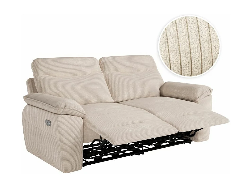 Canapé de relaxation électrique Ross 3 places en velours côtelé - Beige - L200 x P100 x H102cm - Loungitude