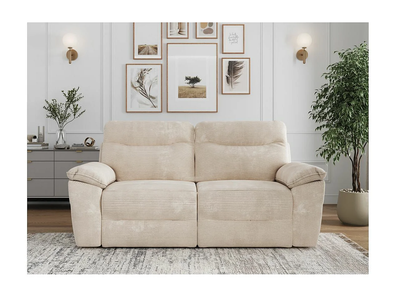 Canapé de relaxation électrique Ross 3 places en velours côtelé - Beige - L200 x P100 x H102cm - Loungitude