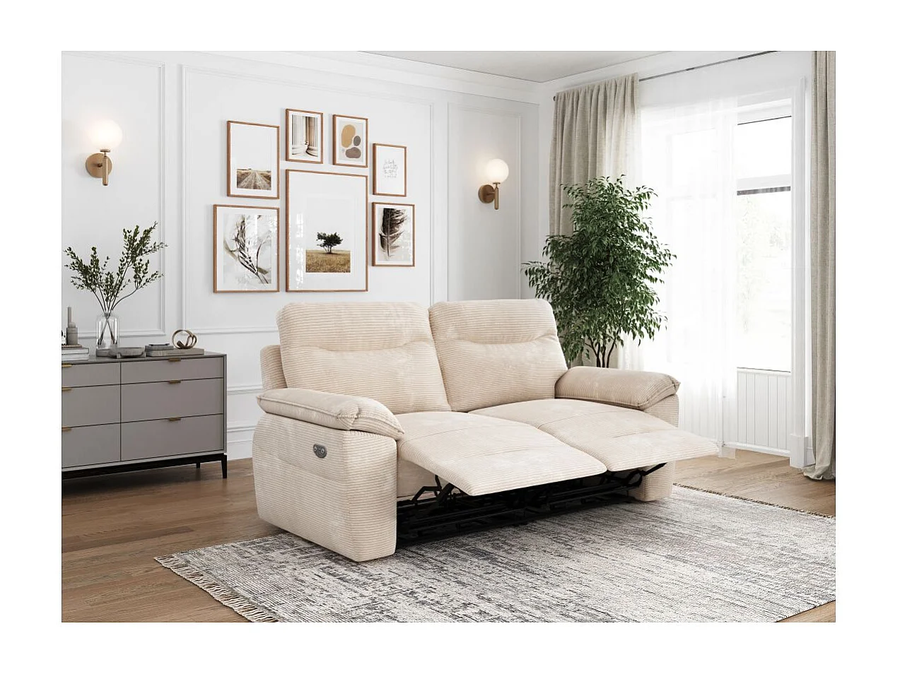 Canapé de relaxation électrique Ross 3 places en velours côtelé - Beige - L200 x P100 x H102cm - Loungitude