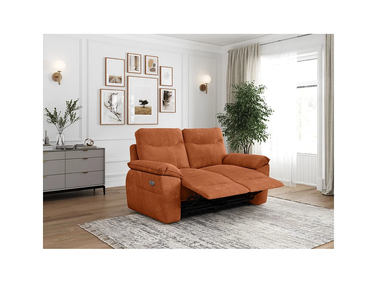 Canapé de relaxation électrique Ross 2 places en velours côtelé - Terracotta - L160 x P100 x H102cm - Loungitude