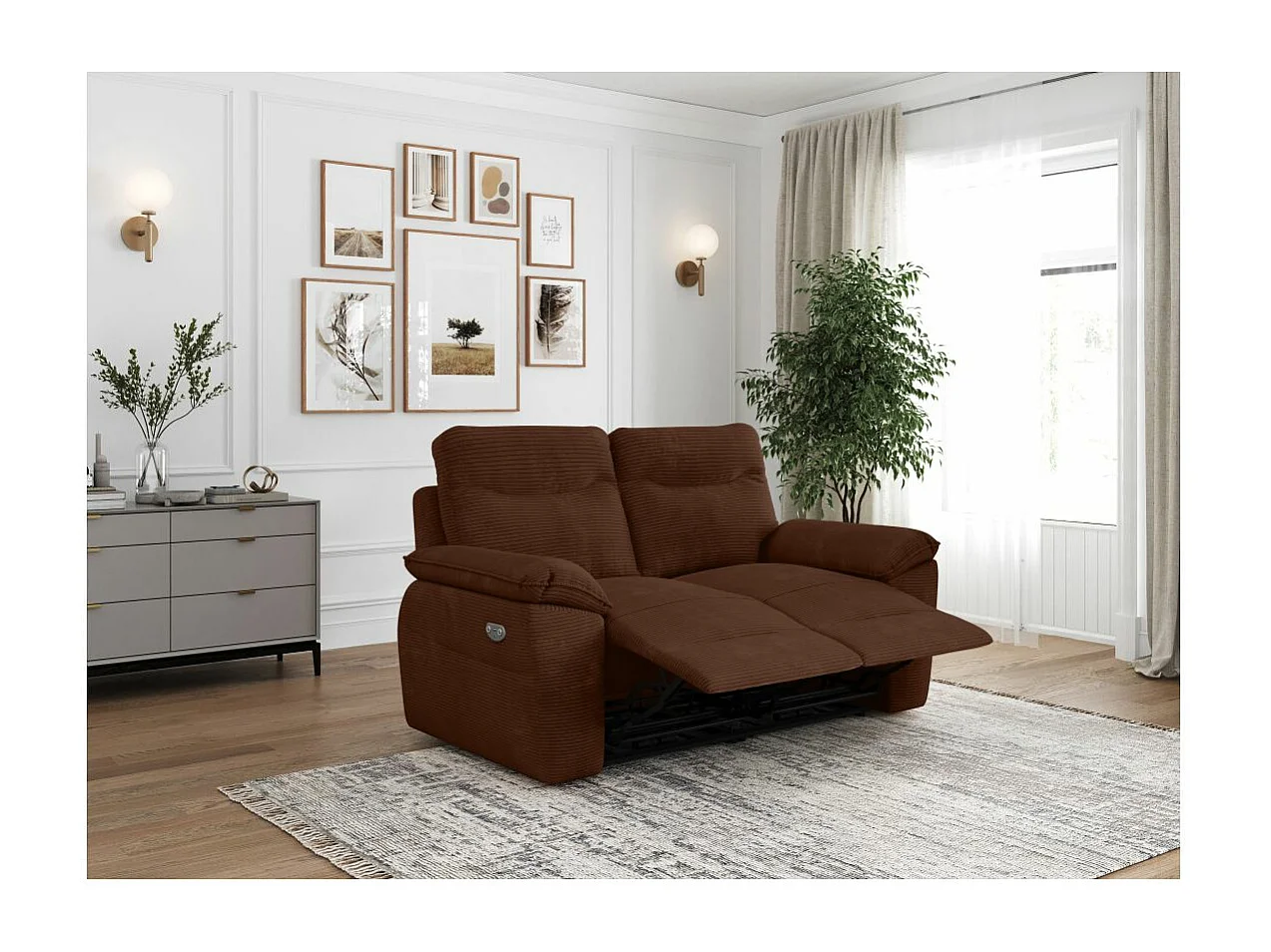 Canapé de relaxation électrique Ross 2 places en velours côtelé - Marron - L160 x P100 x H102cm - Loungitude
