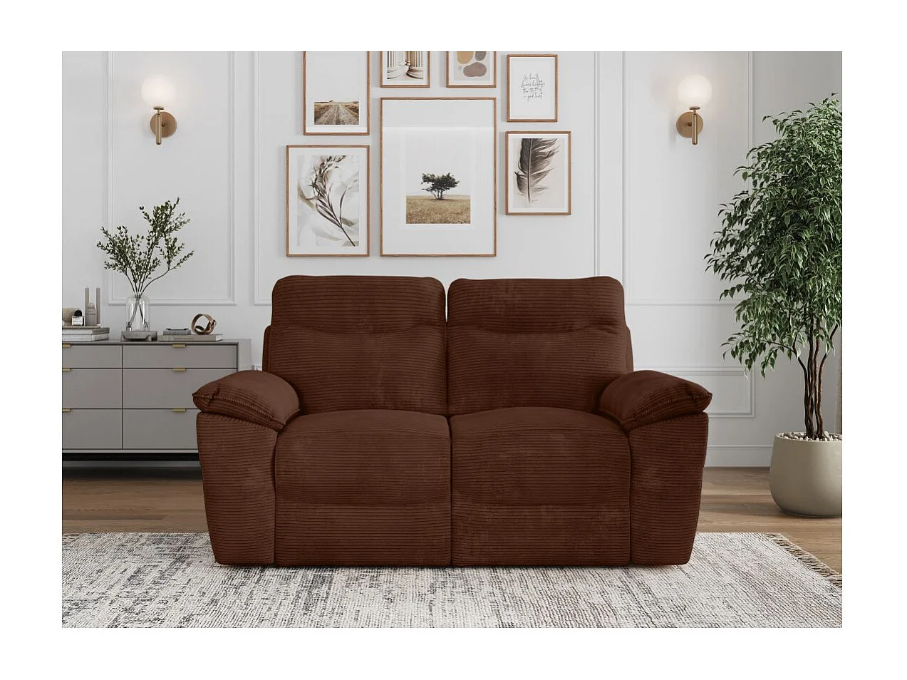 Canapé de relaxation électrique Ross 2 places en velours côtelé - Marron - L160 x P100 x H102cm - Loungitude