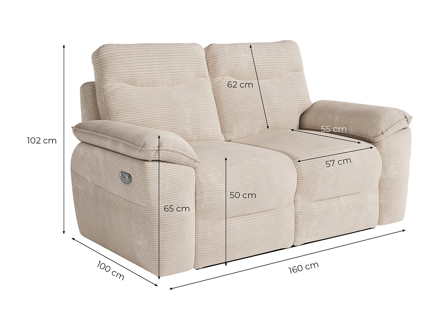 Canapé de relaxation électrique Ross 2 places en velours côtelé - Marron - L160 x P100 x H102cm - Loungitude