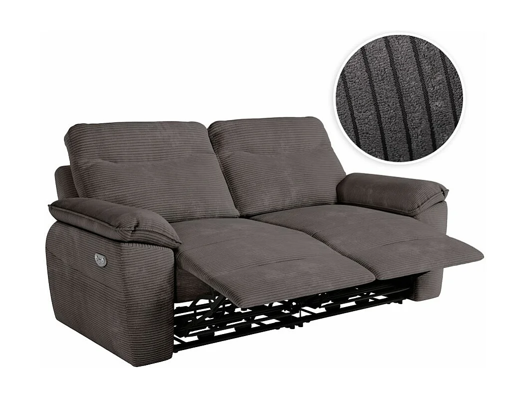 Canapé de relaxation électrique Ross 3 places en velours côtelé - Gris - L200 x P100 x H102cm - Loungitude