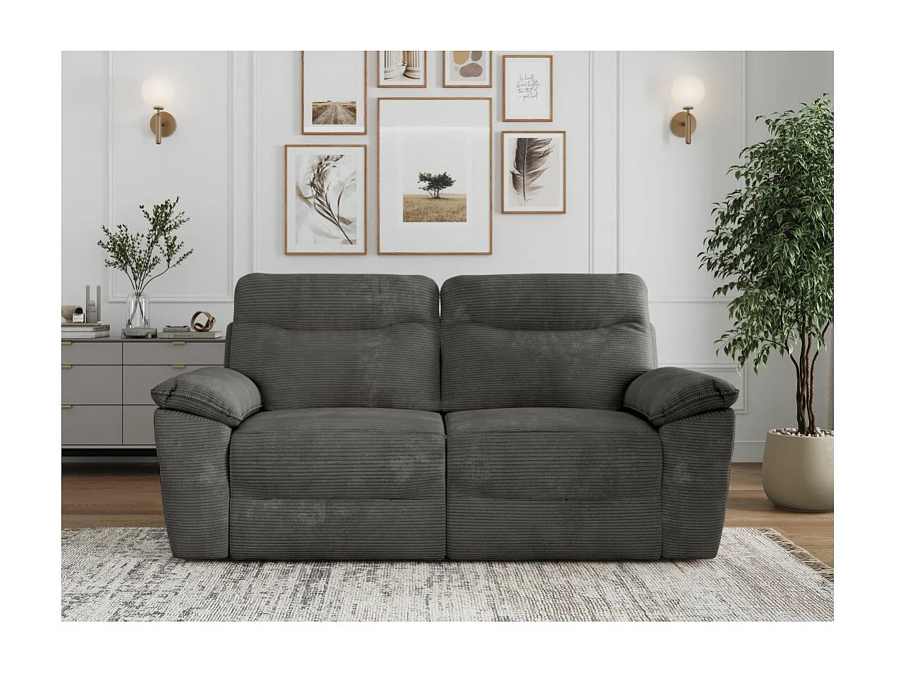 Canapé de relaxation électrique Ross 3 places en velours côtelé - Gris - L200 x P100 x H102cm - Loungitude