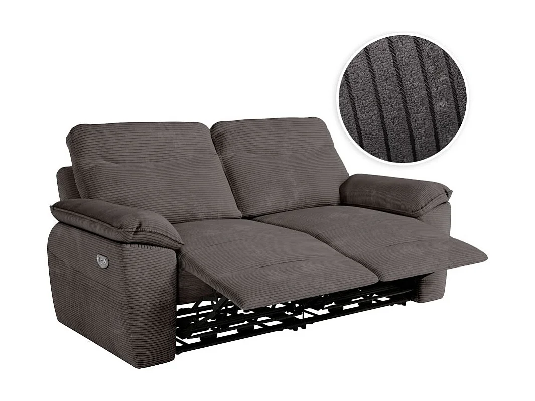 Canapé de relaxation électrique Ross 3 places en velours côtelé - Gris - L200 x P100 x H102cm - Loungitude