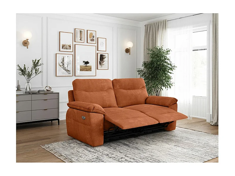 Canapé de relaxation électrique Ross 3 places en velours côtelé - Terracotta - L200 x P100 x H102cm - Loungitude