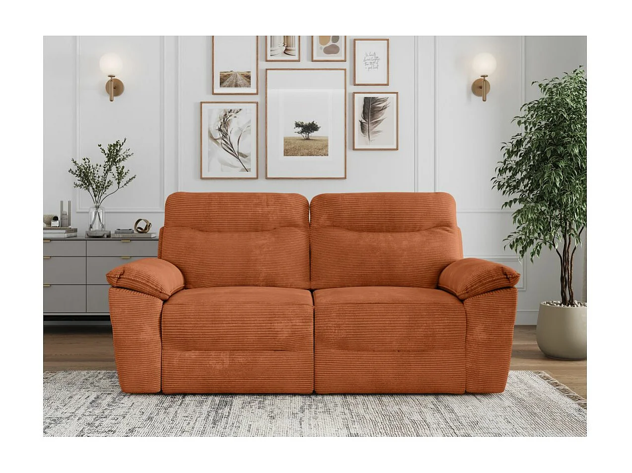 Canapé de relaxation électrique Ross 3 places en velours côtelé - Terracotta - L200 x P100 x H102cm - Loungitude