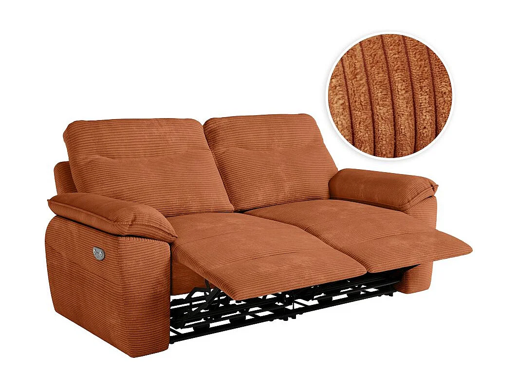 Canapé de relaxation électrique Ross 3 places en velours côtelé - Terracotta - L200 x P100 x H102cm - Loungitude