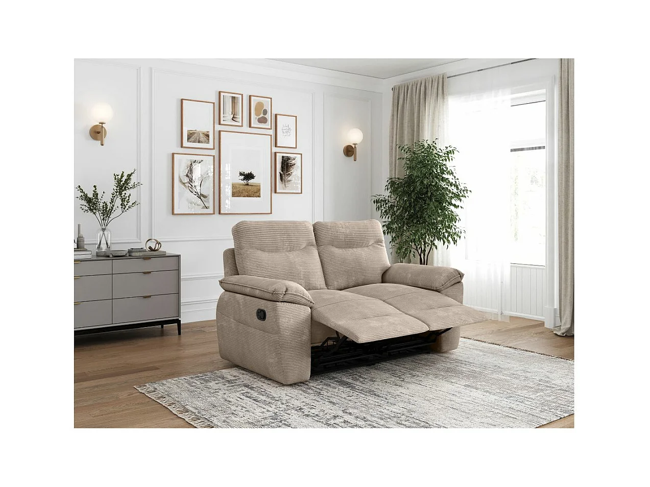 Canapé de relaxation manuel Ross 2 places en velours côtelé - Taupe - L160 x P100 x H102cm - Loungitude