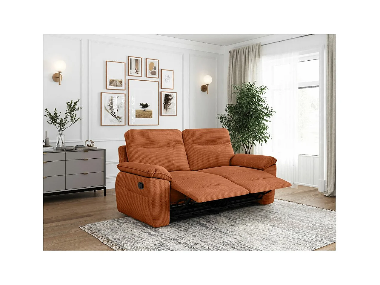 Canapé de relaxation manuel Ross 3 places en velours côtelé - Terracotta - L200 x P100 x H102cm - Loungitude