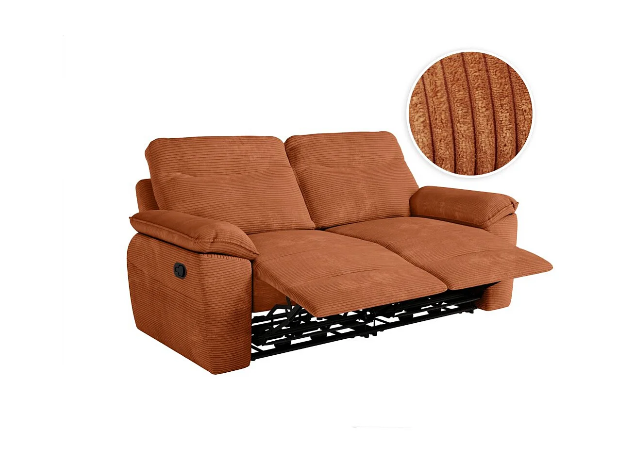 Canapé de relaxation manuel Ross 3 places en velours côtelé - Terracotta - L200 x P100 x H102cm - Loungitude