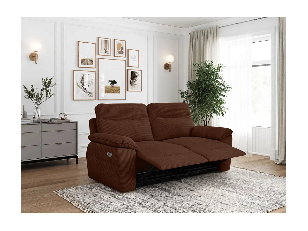 Canapé de relaxation électrique Ross 3 places en velours côtelé - Marron - L200 x P100 x H102cm - Loungitude