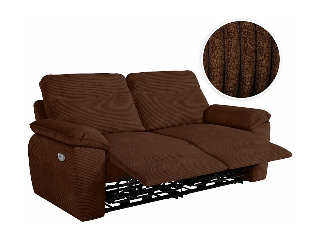 Canapé de relaxation électrique Ross 3 places en velours côtelé - Marron - L200 x P100 x H102cm - Loungitude