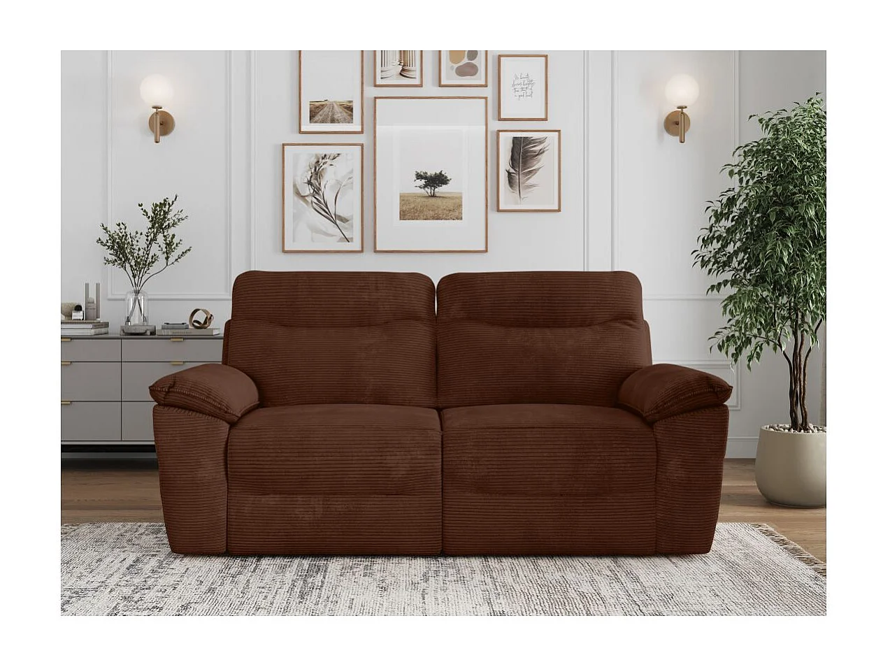 Canapé de relaxation électrique Ross 3 places en velours côtelé - Marron - L200 x P100 x H102cm - Loungitude