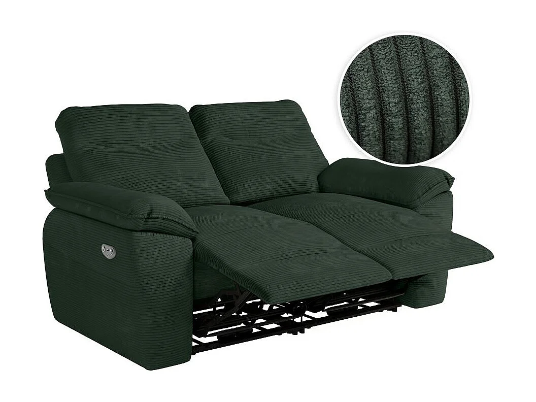 Canapé de relaxation électrique Ross 2 places en velours côtelé - Vert foncé - L160 x P100 x H102cm - Loungitude