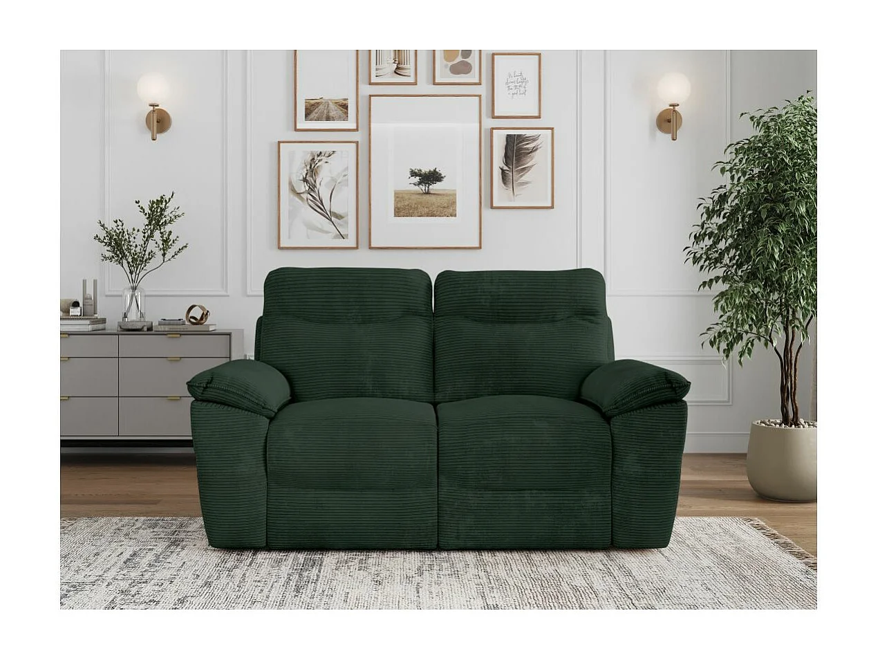 Canapé de relaxation électrique Ross 2 places en velours côtelé - Vert foncé - L160 x P100 x H102cm - Loungitude
