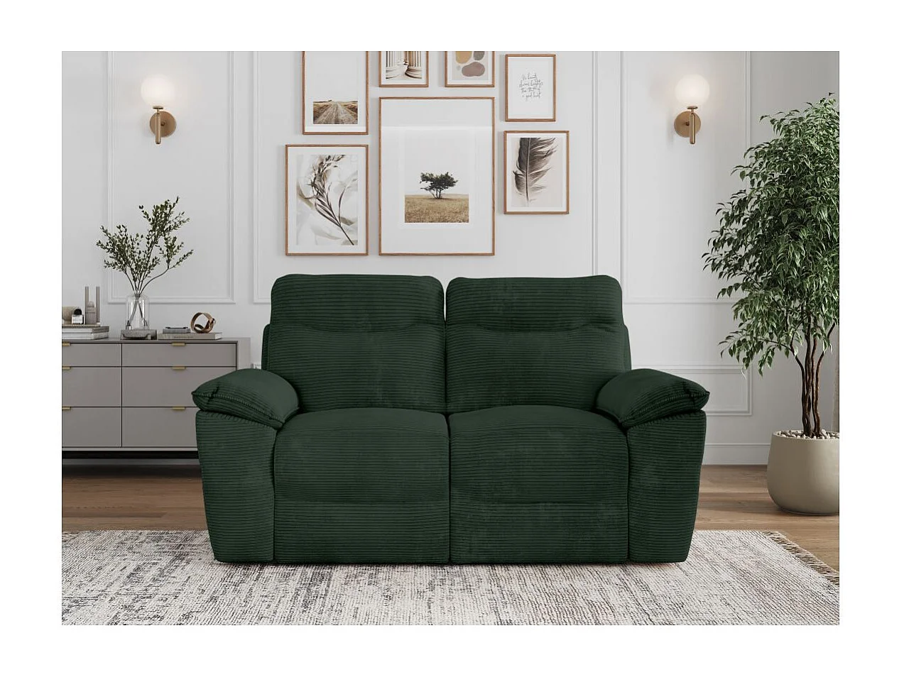Canapé de relaxation électrique Ross 2 places en velours côtelé - Vert foncé - L160 x P100 x H102cm - Loungitude
