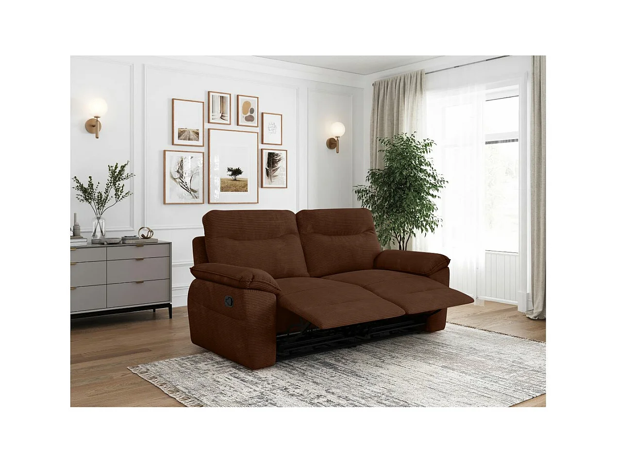 Canapé de relaxation manuel Ross 3 places en velours côtelé - Marron - L200 x P100 x H102cm - Loungitude