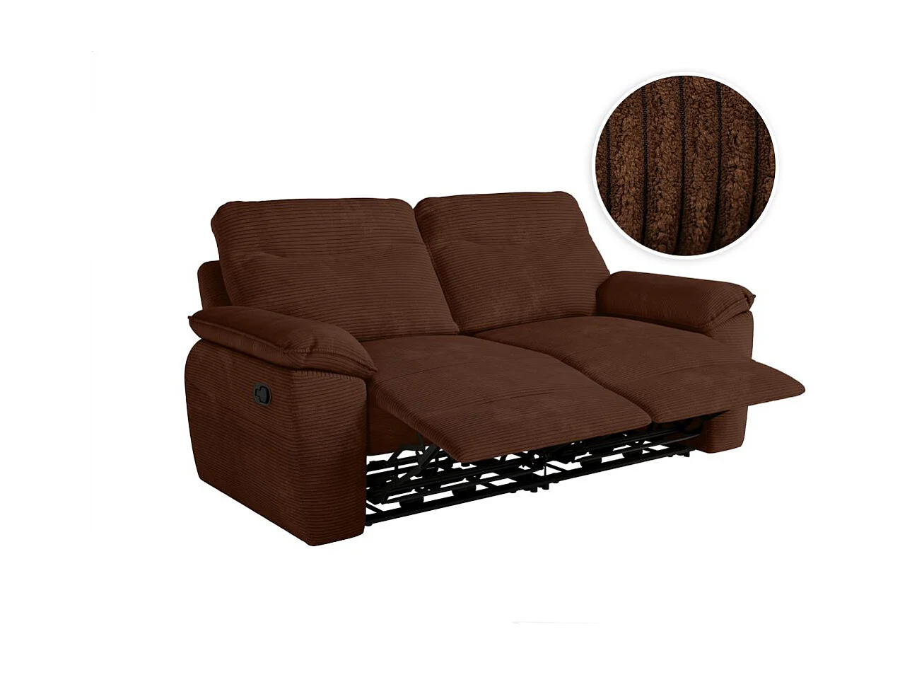 Canapé de relaxation manuel Ross 3 places en velours côtelé - Marron - L200 x P100 x H102cm - Loungitude