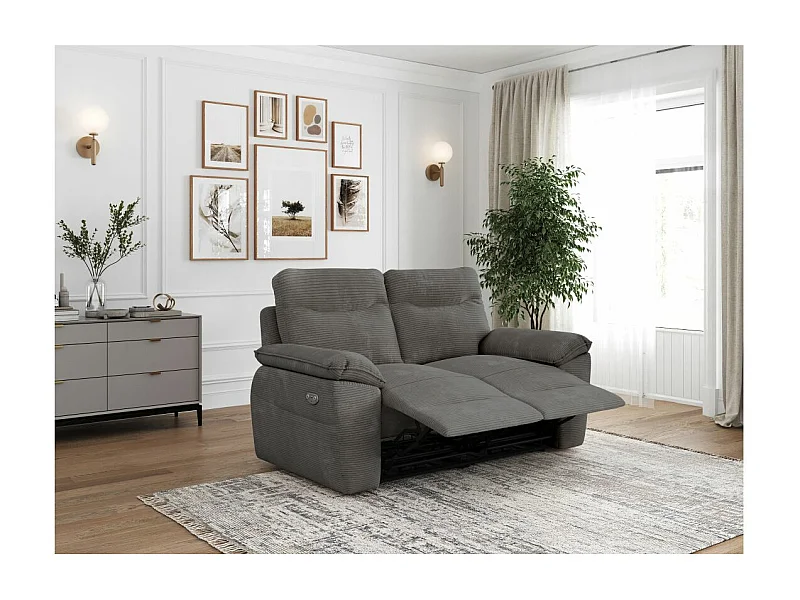 Canapé de relaxation électrique Ross 2 places en velours côtelé - Gris - L160 x P100 x H102cm - Loungitude