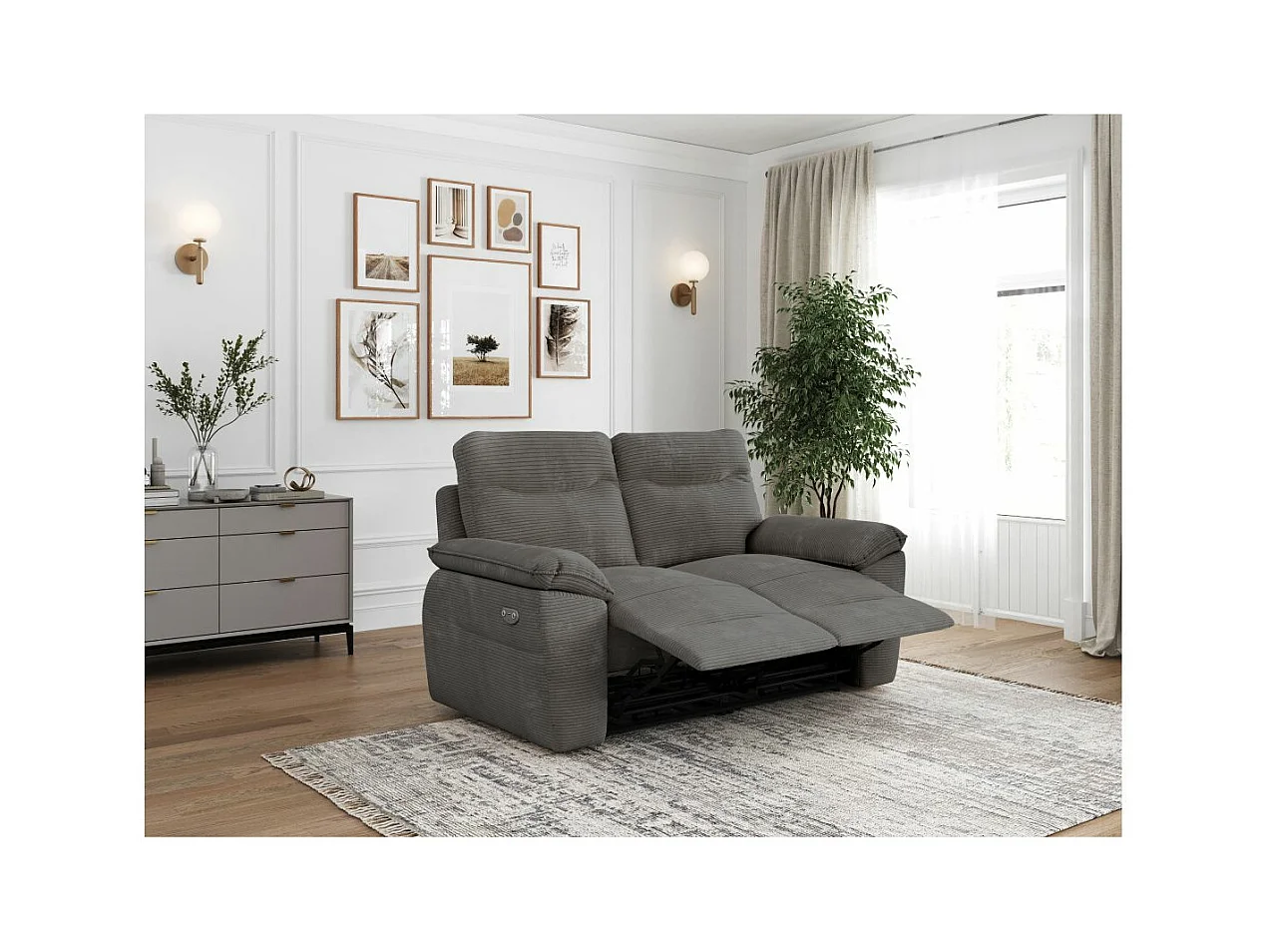 Canapé de relaxation électrique Ross 2 places en velours côtelé - Gris - L160 x P100 x H102cm - Loungitude