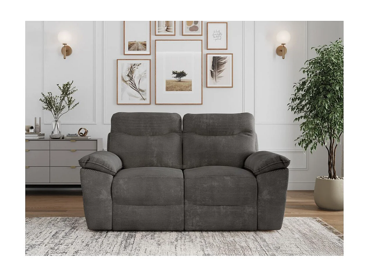 Canapé de relaxation électrique Ross 2 places en velours côtelé - Gris - L160 x P100 x H102cm - Loungitude