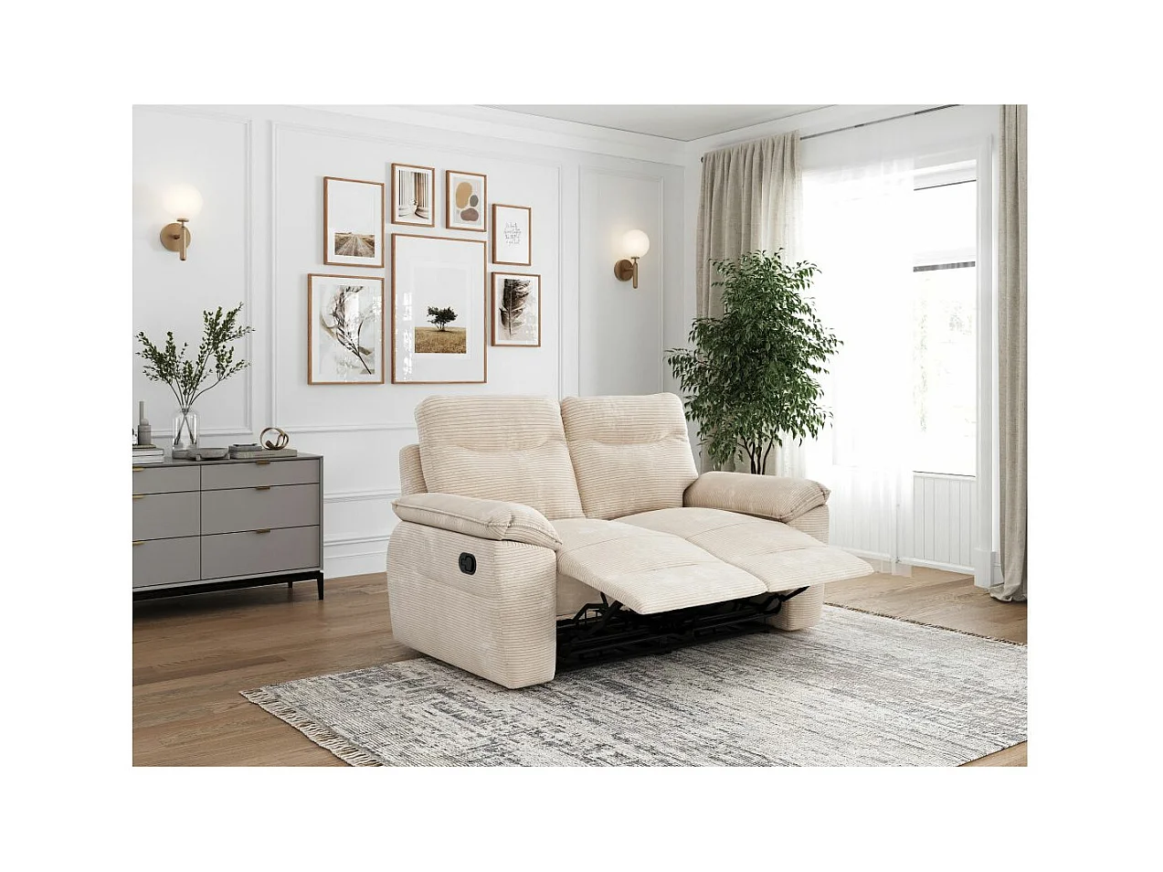 Canapé de relaxation manuel Ross 2 places en velours côtelé - Beige - L160 x P100 x H102cm - Loungitude