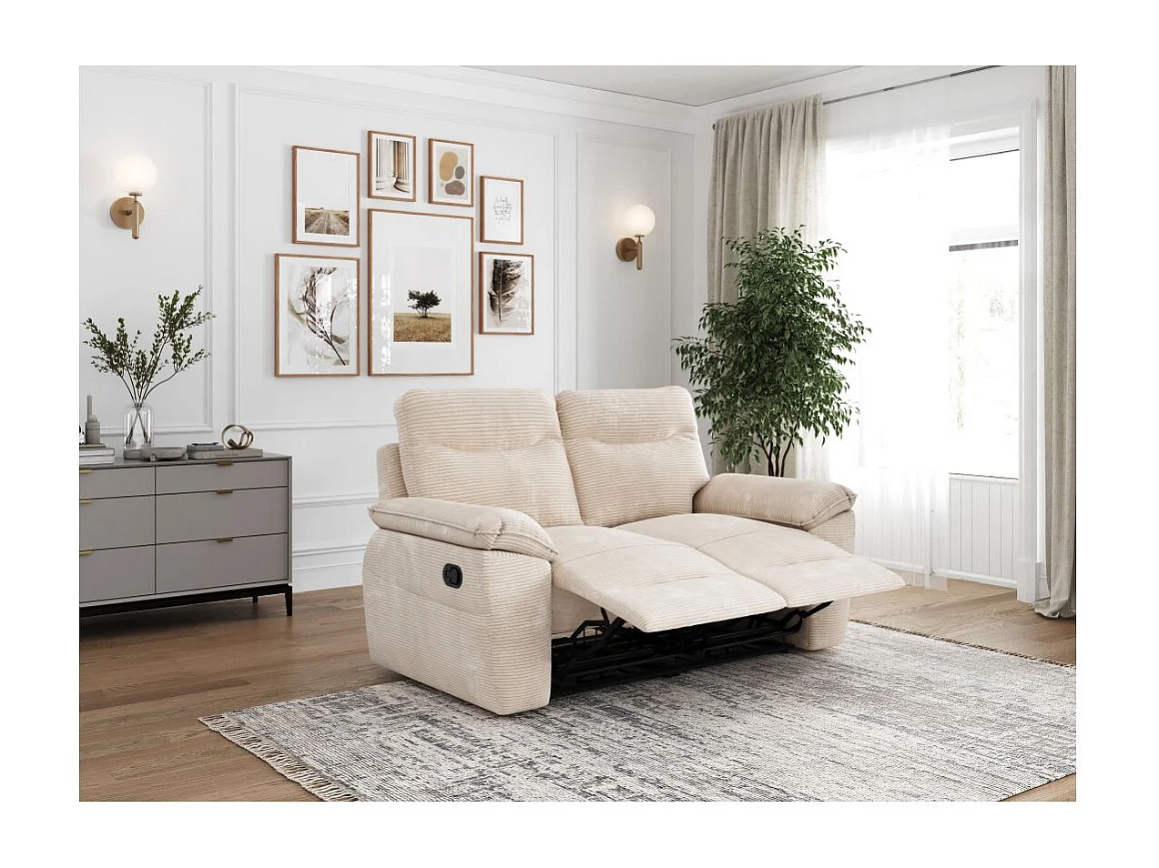 Canapé de relaxation manuel Ross 2 places en velours côtelé - Beige - L160 x P100 x H102cm - Loungitude