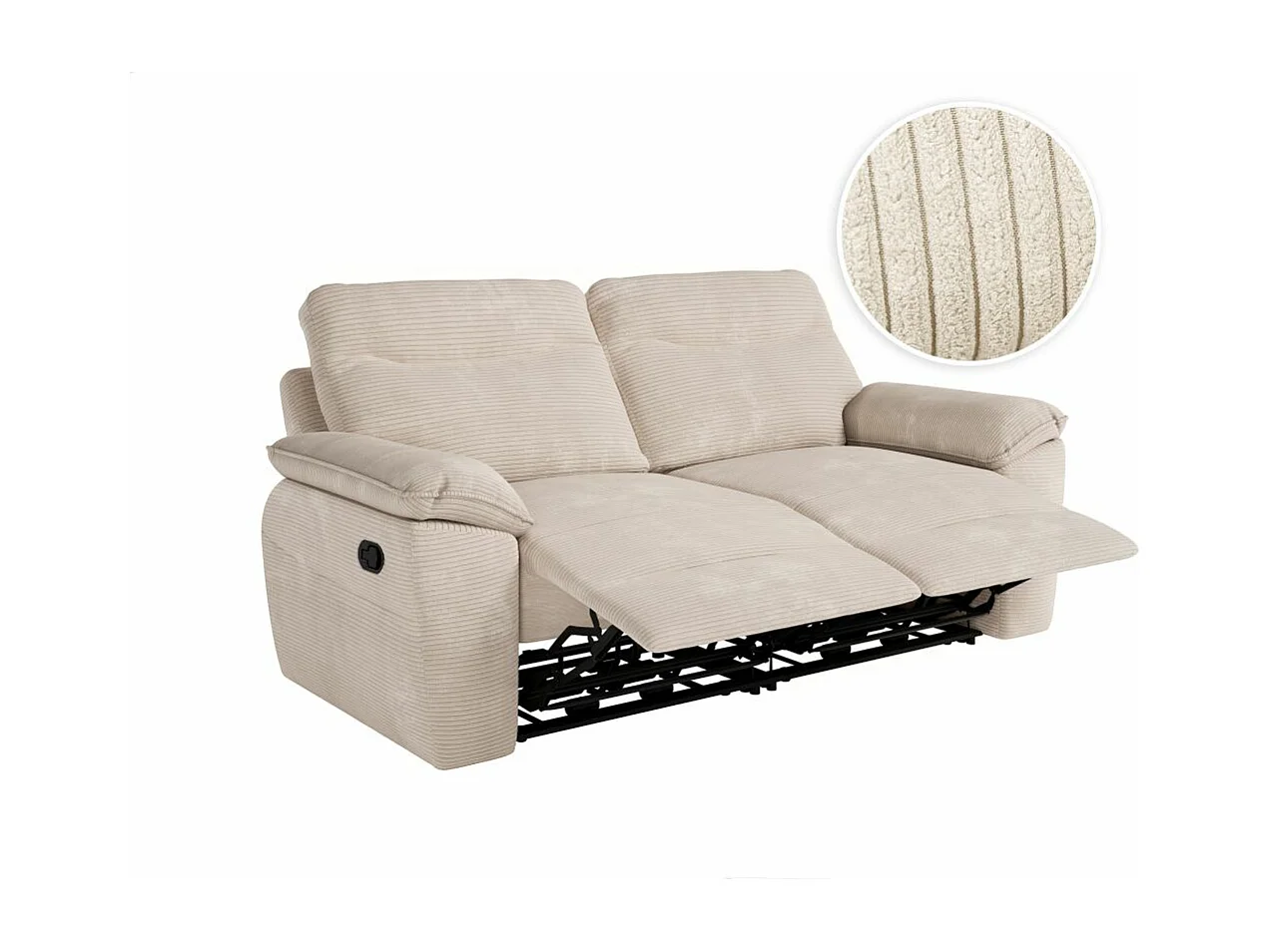 Canapé de relaxation manuel Ross 3 places en velours côtelé - Beige - L200 x P100 x H102cm - Loungitude