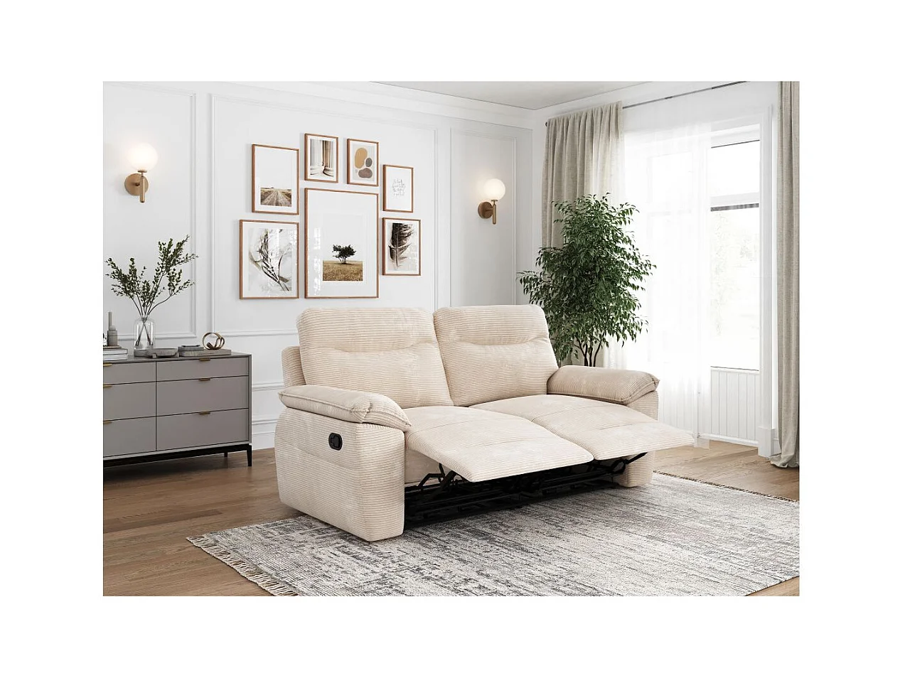 Canapé de relaxation manuel Ross 3 places en velours côtelé - Beige - L200 x P100 x H102cm - Loungitude