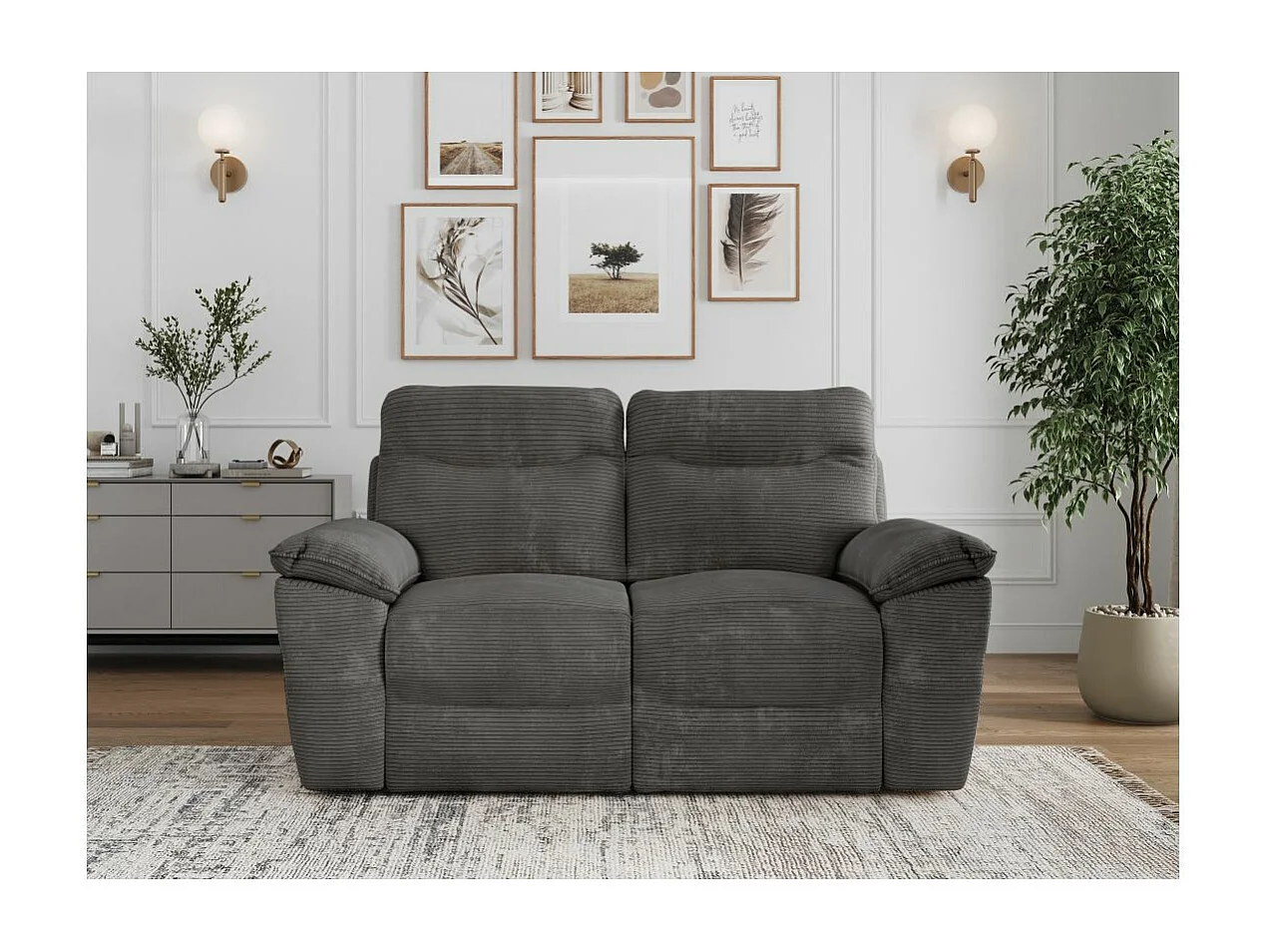 Canapé de relaxation manuel Ross 2 places en velours côtelé - Gris - L160 x P100 x H102cm - Loungitude