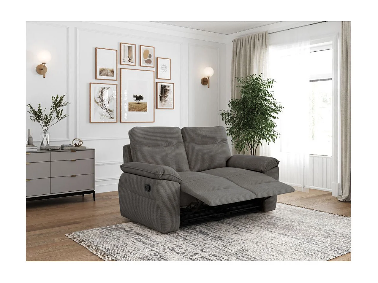 Canapé de relaxation manuel Ross 2 places en velours côtelé - Gris - L160 x P100 x H102cm - Loungitude