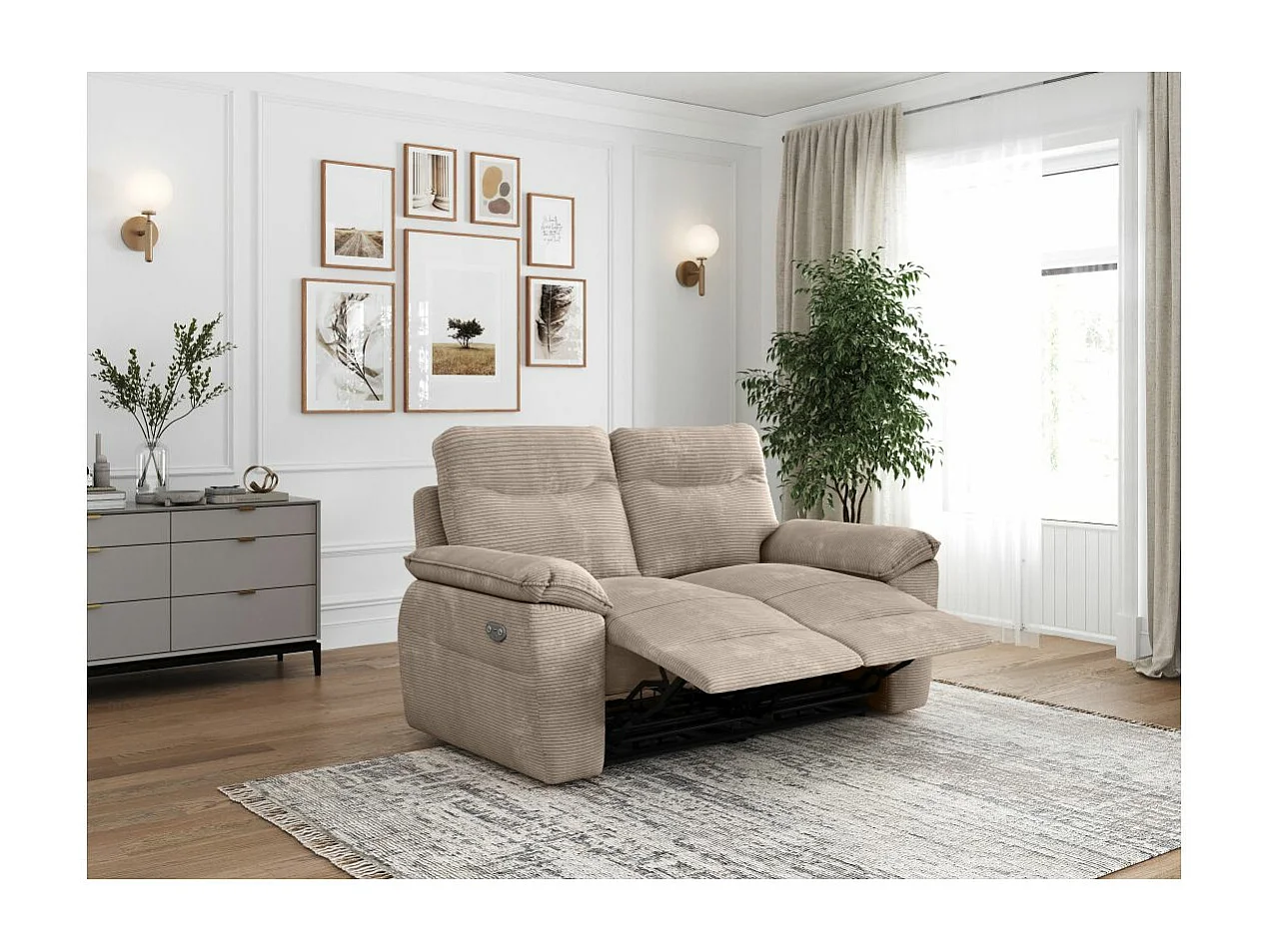 Canapé de relaxation électrique Ross 2 places en velours côtelé - Taupe - L160 x P100 x H102cm - Loungitude