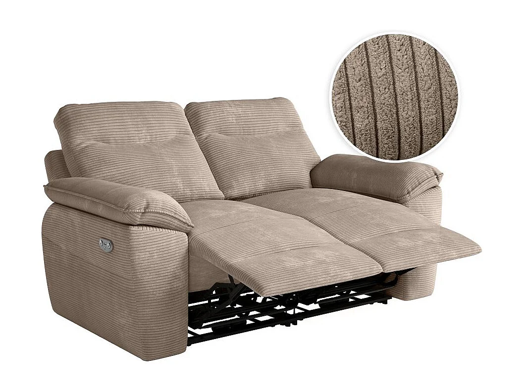 Canapé de relaxation électrique Ross 2 places en velours côtelé - Taupe - L160 x P100 x H102cm - Loungitude