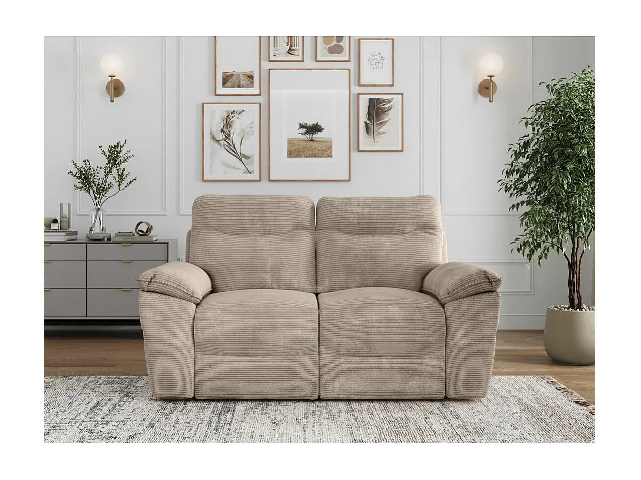 Canapé de relaxation électrique Ross 2 places en velours côtelé - Taupe - L160 x P100 x H102cm - Loungitude