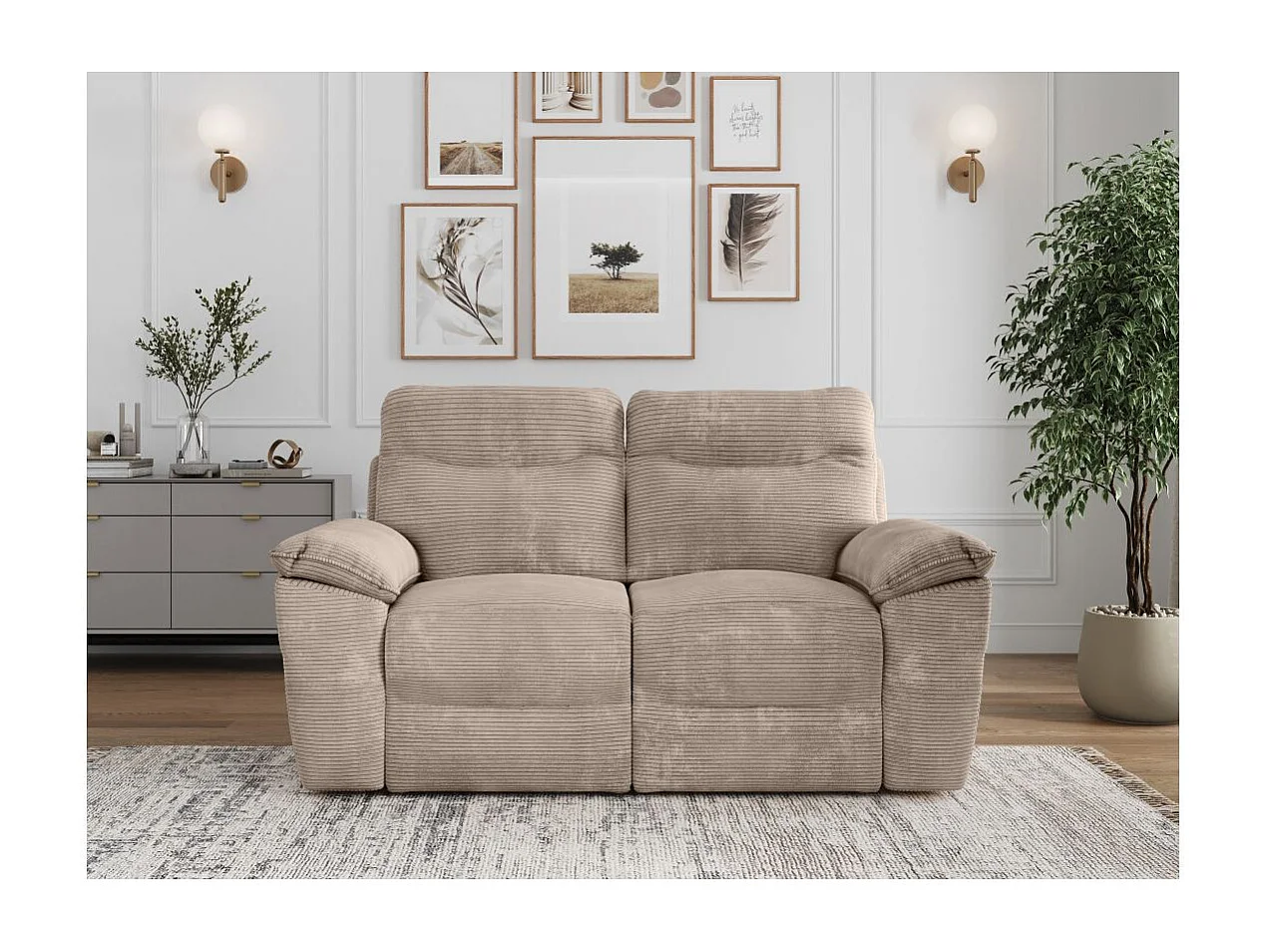 Canapé de relaxation électrique Ross 2 places en velours côtelé - Taupe - L160 x P100 x H102cm - Loungitude