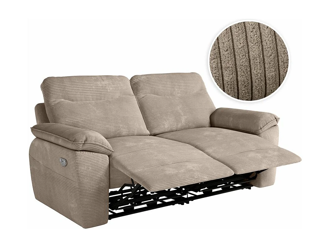Canapé de relaxation électrique Ross 3 places en velours côtelé - Taupe - L200 x P100 x H102cm - Loungitude